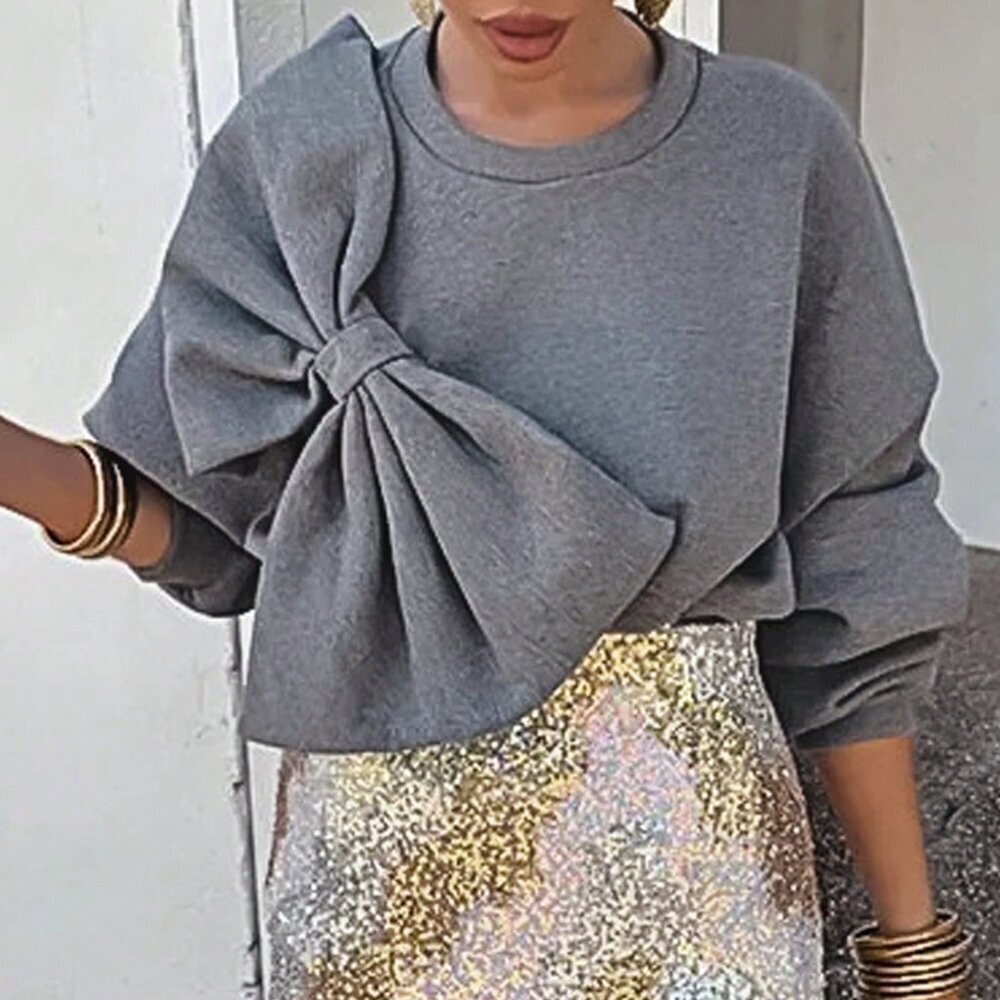 Grey Casual Women's Solid Color Long Sleeve Sweatshirt With Bow Decoration - Picture 4 of 6